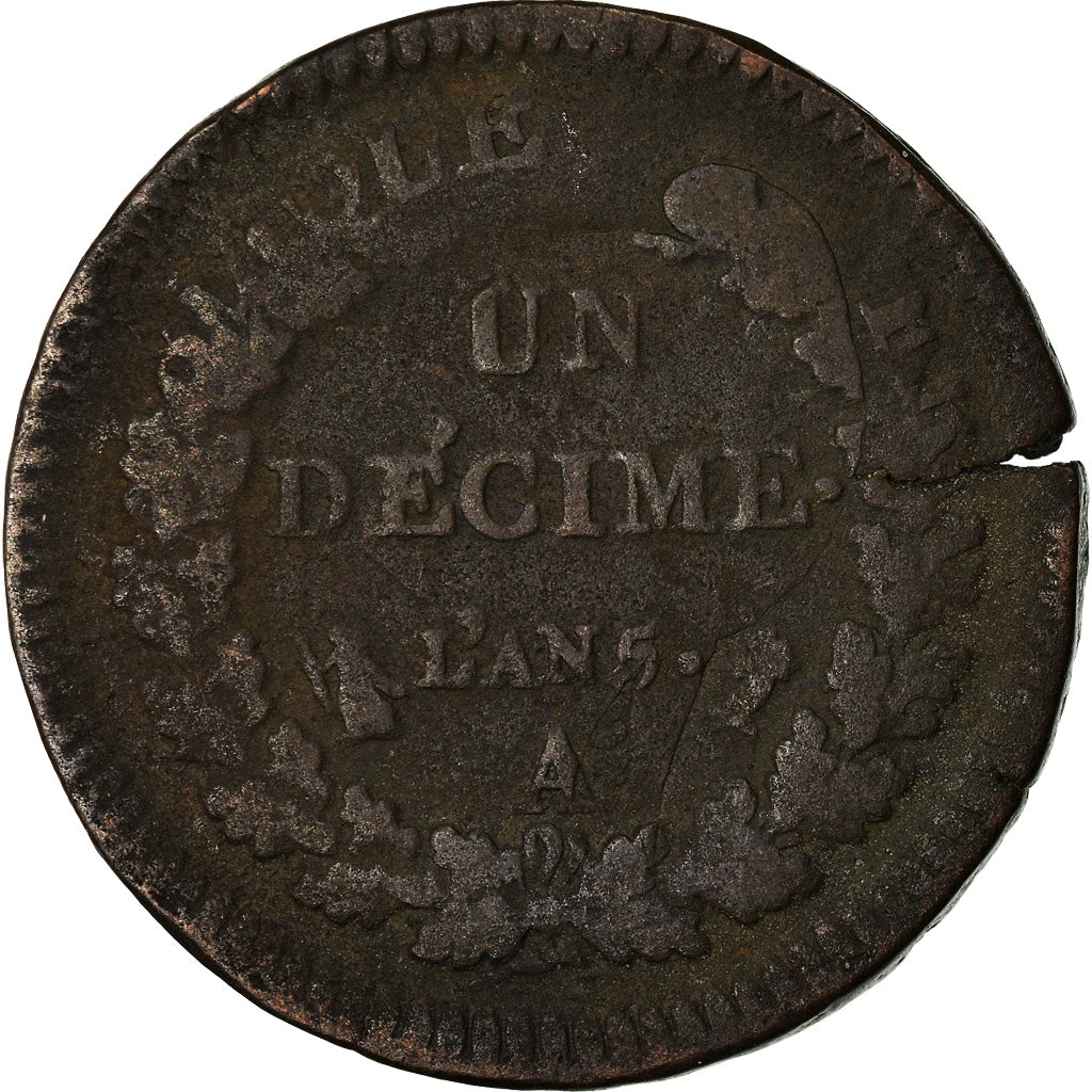 Coin, France, Dupré, Decime, AN 5, Paris, Refrappage du 2 décimes, VF(20-25)