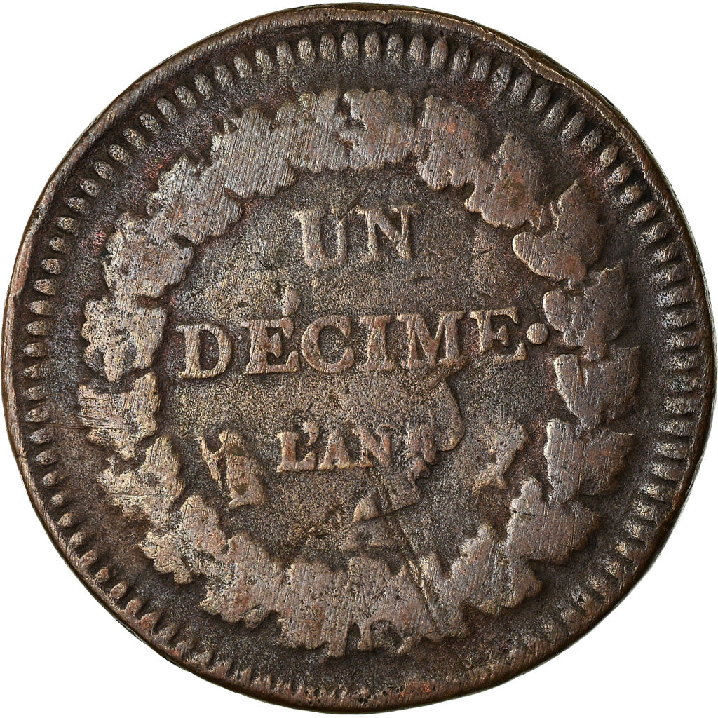 Coin, France, Dupré, Decime, AN 5, Paris, Refrappage du 2 décimes, VF(20-25)