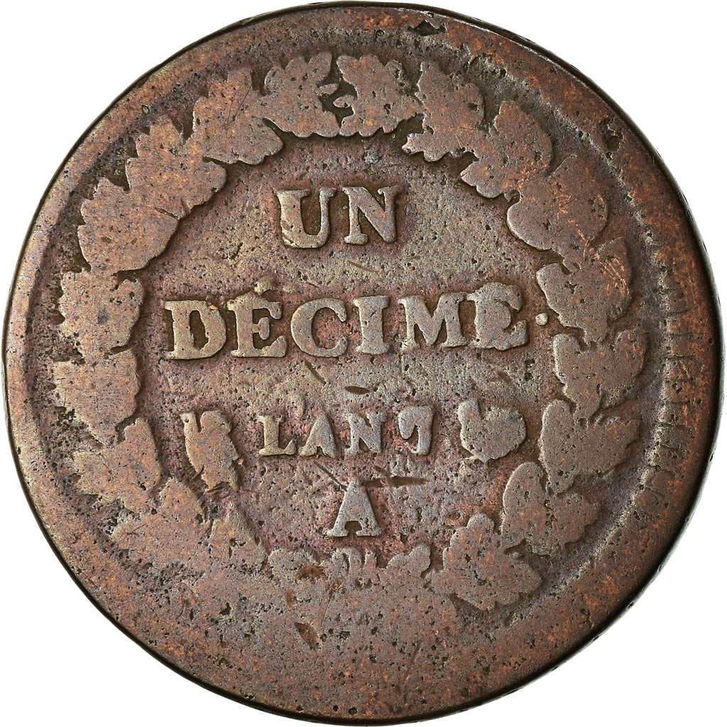 Moneta, Francja, Decime, AN 7/5, Paris, Coq/Corne, F(12-15), Bronze, Gadoury:187