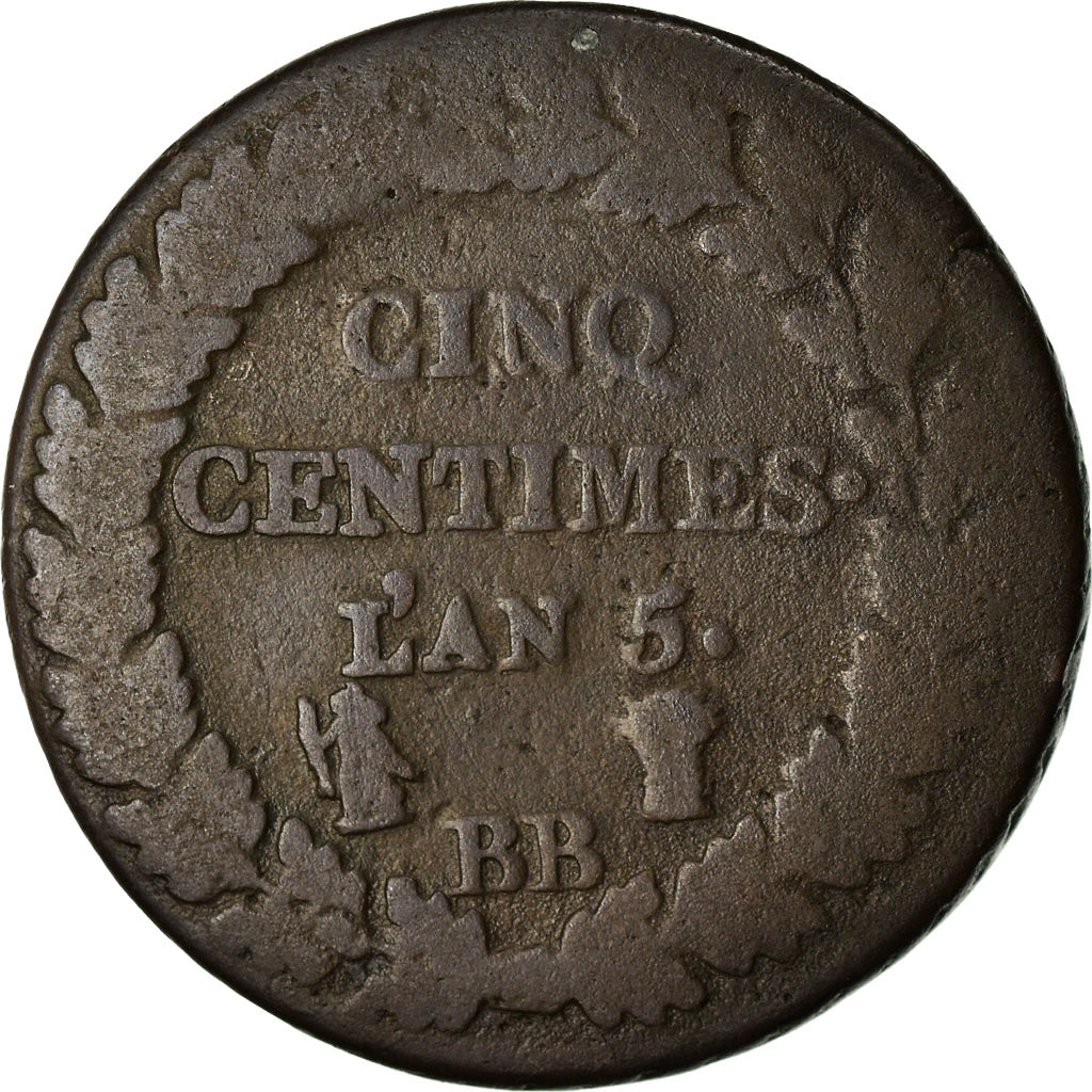 Moneda, Francia, Dupré, 5 Centimes, AN 5, Strasbourg, BC+, Bronce, KM:640.4