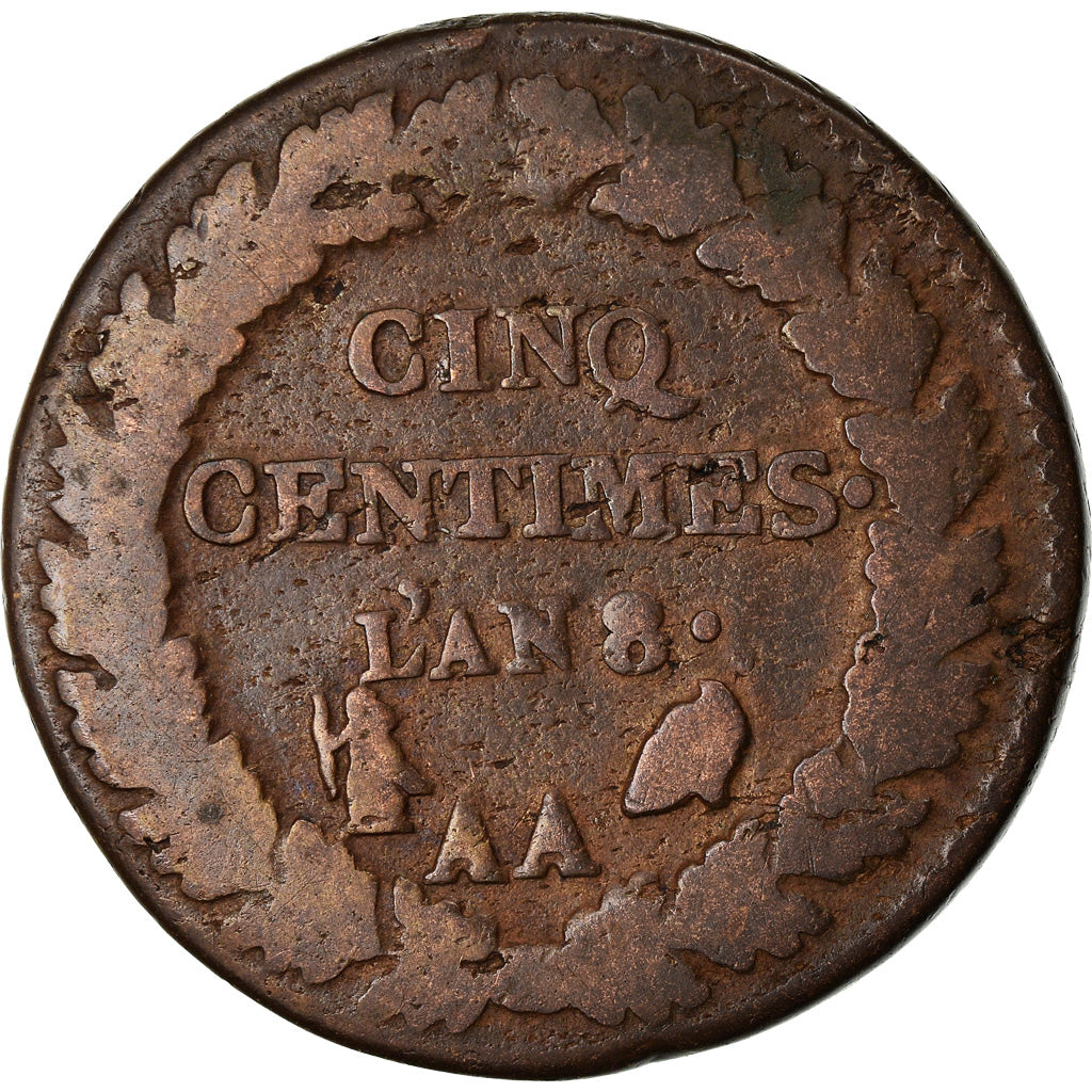 Coin, France, Dupré, 5 Centimes, AN 8, Metz, VF(20-25), Bronze, KM:640.2, Le