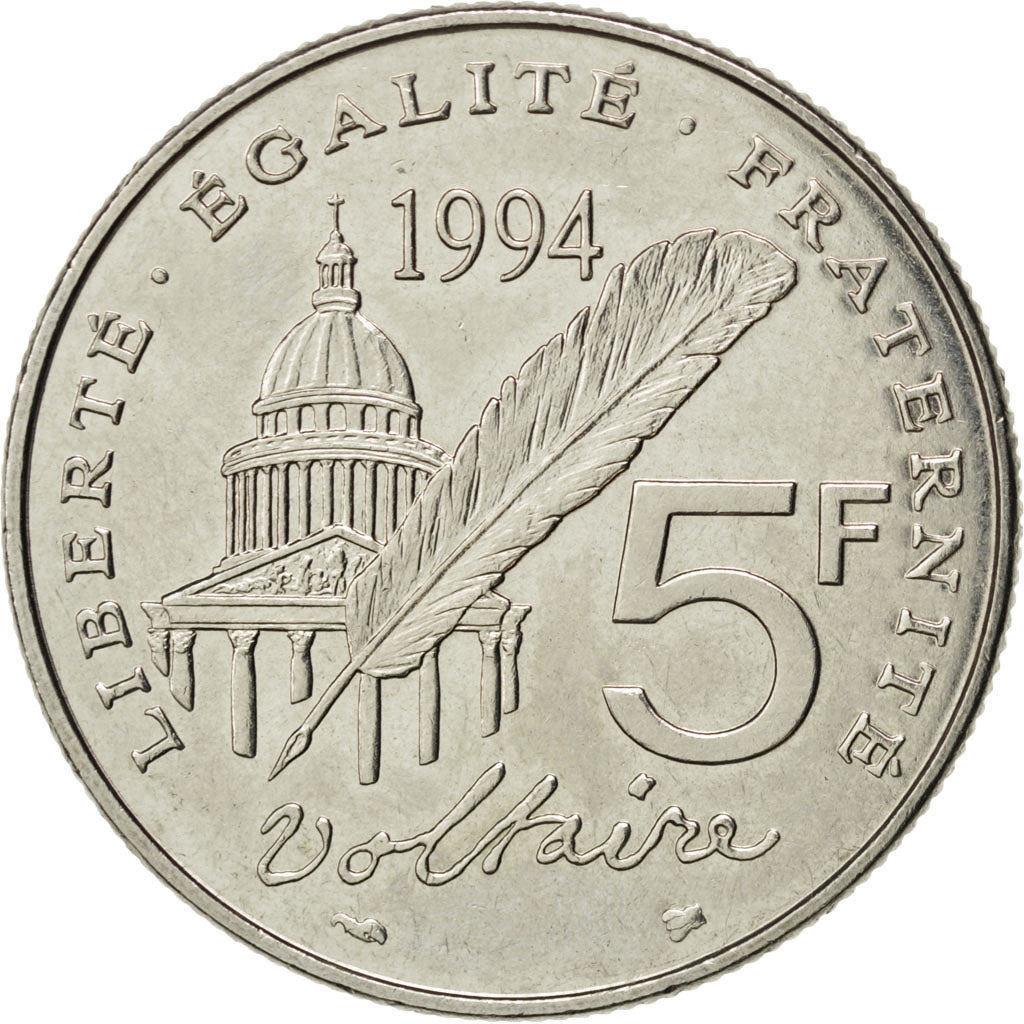 FRANCE, Voltaire, 5 Francs, 1994, Paris, KM #1063, EF(40-45), Nickel, 29,...