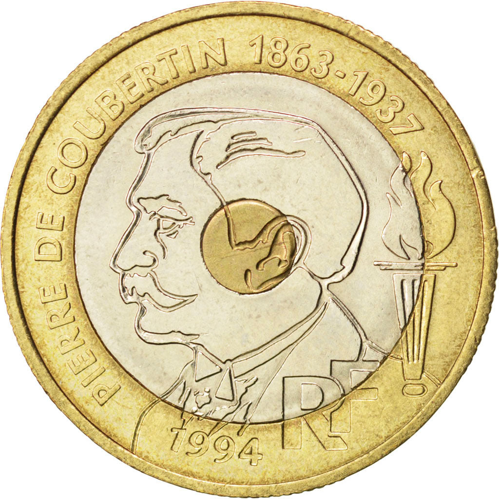 FRANCE, Pierre de Coubertin, 20 Francs, 1994, KM #1036, AU(55-58),...