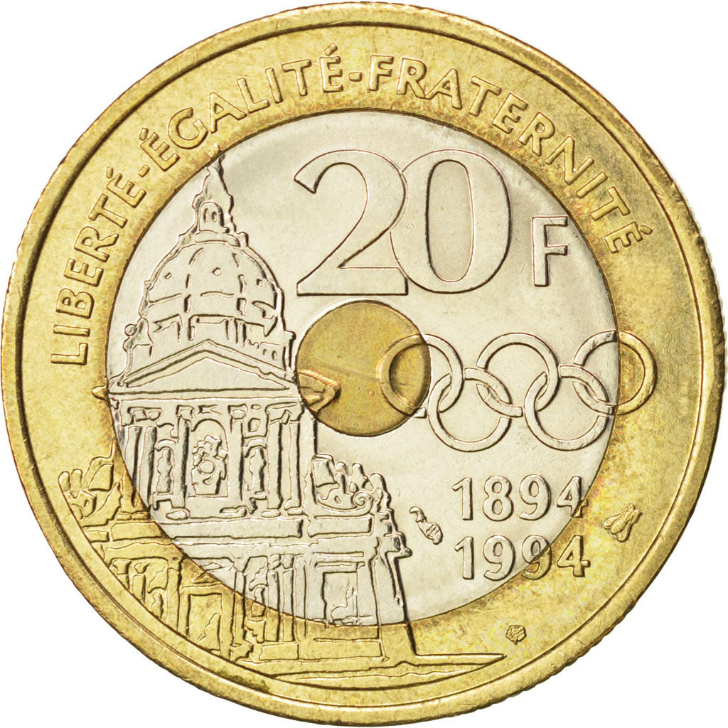 FRANCE, Pierre de Coubertin, 20 Francs, 1994, KM #1036, AU(55-58),...