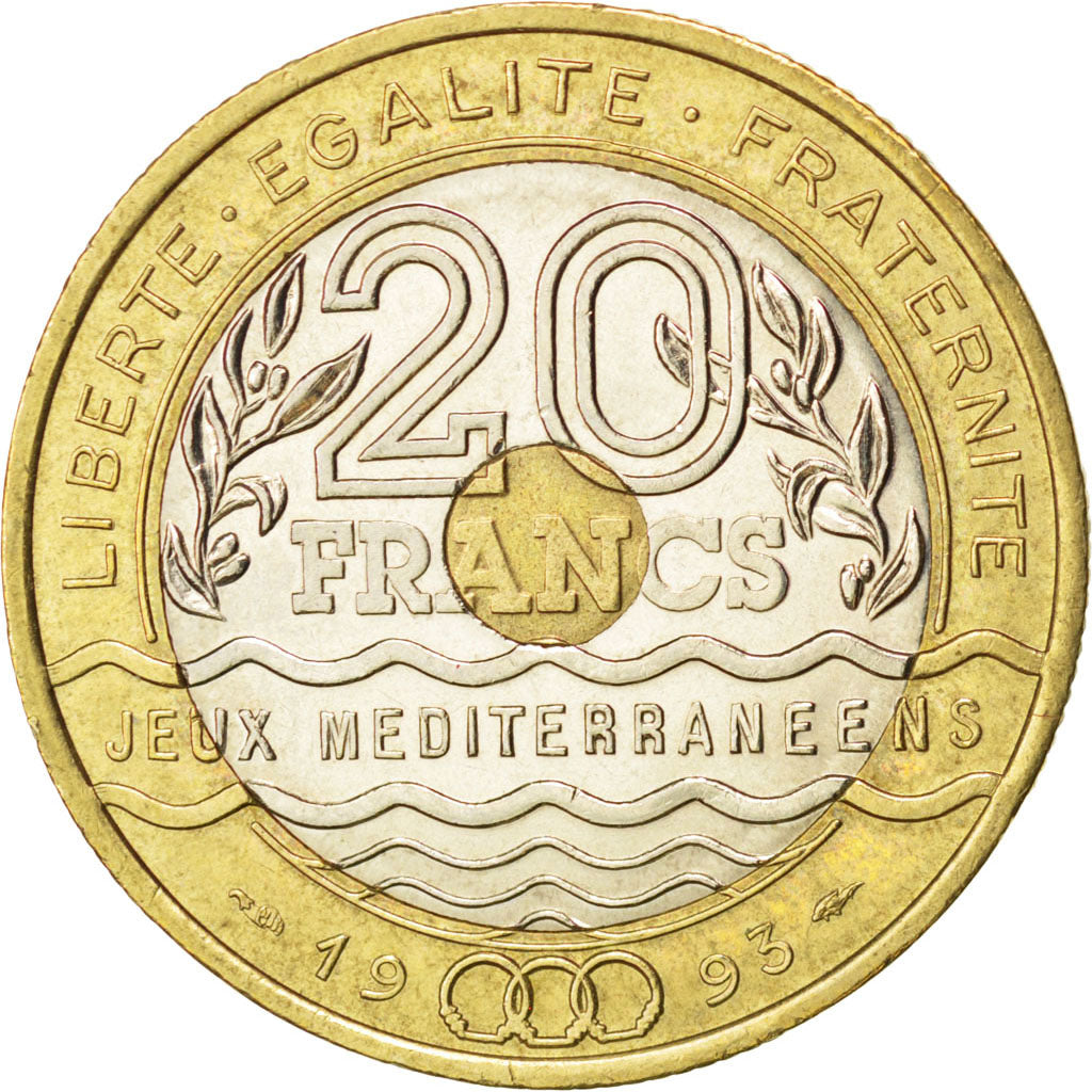 FRANCE, Jeux Méditerranéens, 20 Francs, 1993, KM #1016, AU(55-58), Tri-Metallic,