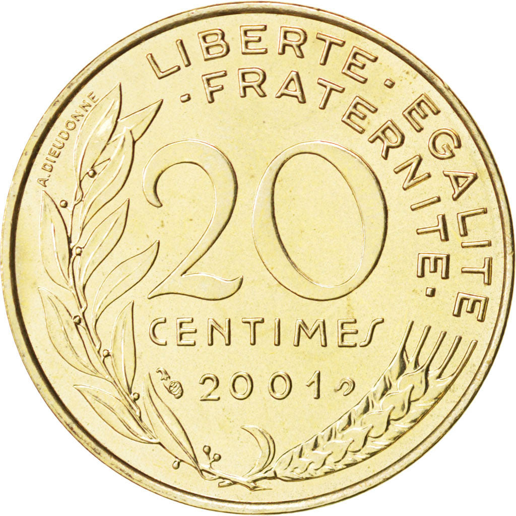 FRANCE, Marianne, 20 Centimes, 2001, Paris, KM #930, MS(63), Aluminum-Bronze,...