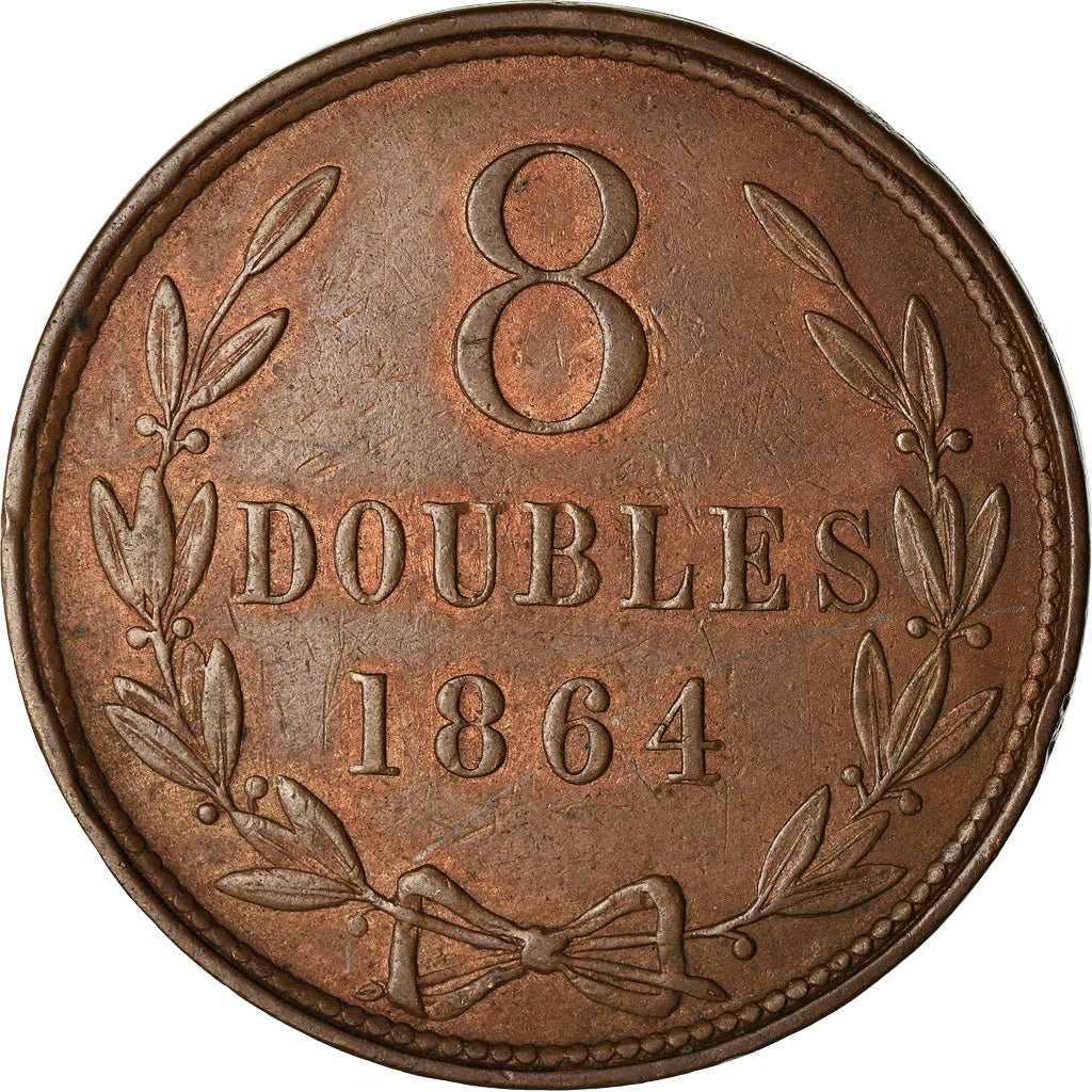 Coin, Guernsey, 8 Doubles, 1864, Heaton, Birmingham, EF(40-45), Bronze, KM:7