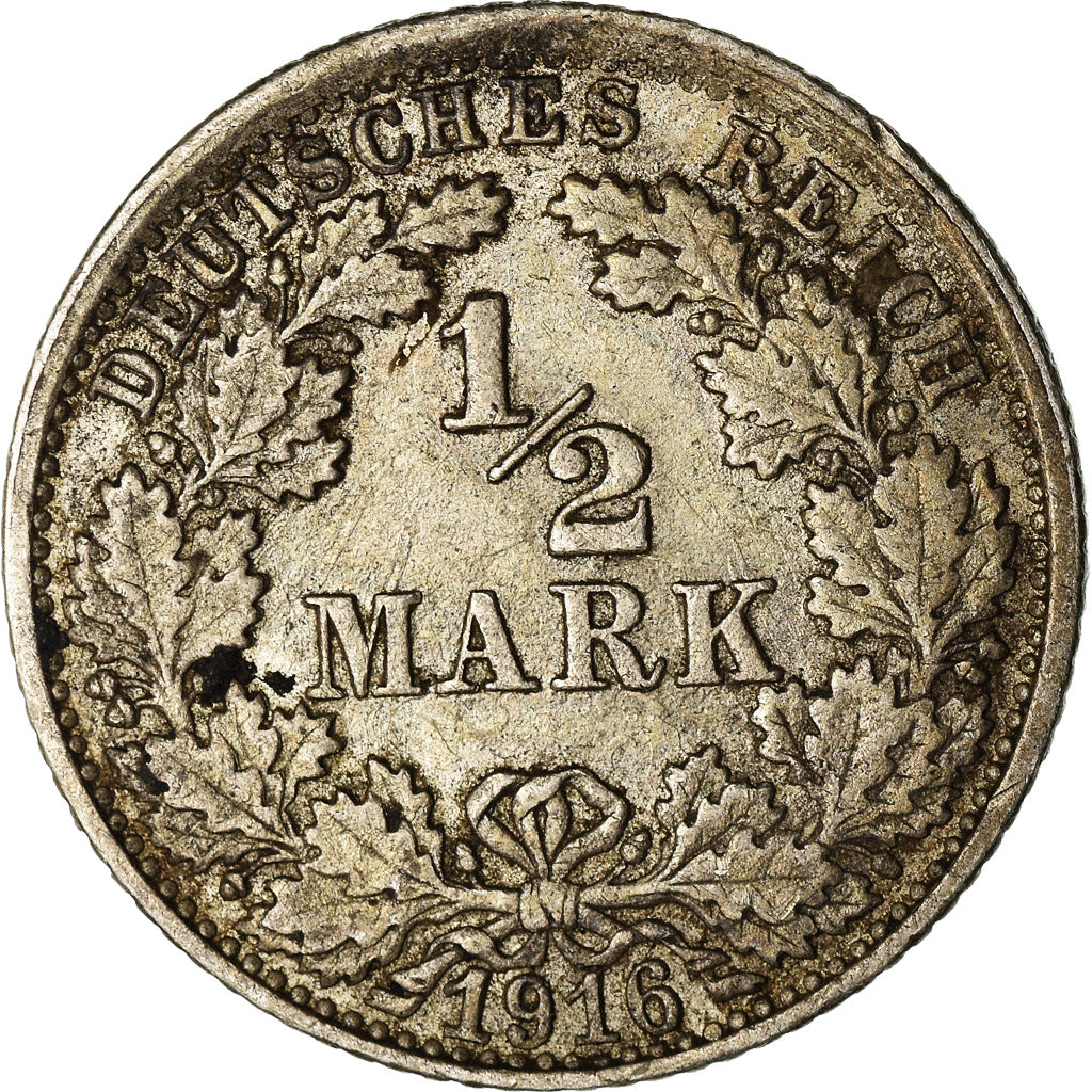Coin, GERMANY - EMPIRE, 1/2 Mark, 1916, Stuttgart, AU(50-53), Silver, KM:17