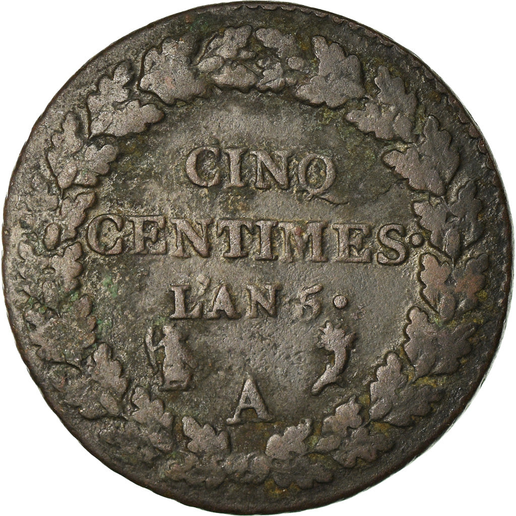 Moneta, Francia, Dupré, 5 Centimes, AN 5, Paris, MB+, Bronzo, KM:640.1