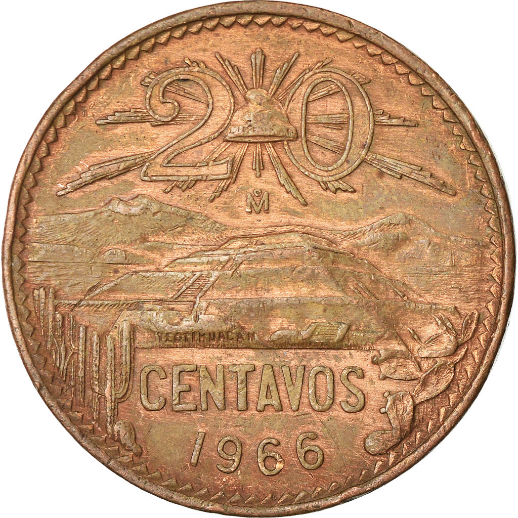 Coin, Mexico, 20 Centavos, 1966, Mexico City, AU(55-58), Bronze, KM:440