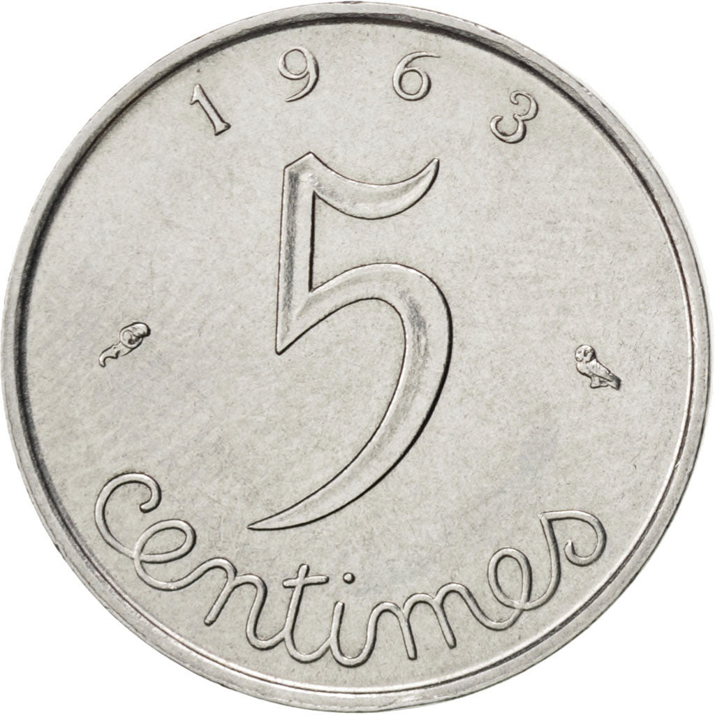 FRANCE, Épi, 5 Centimes, 1963, Paris, KM #927, EF(40-45), Stainless Steel, ...