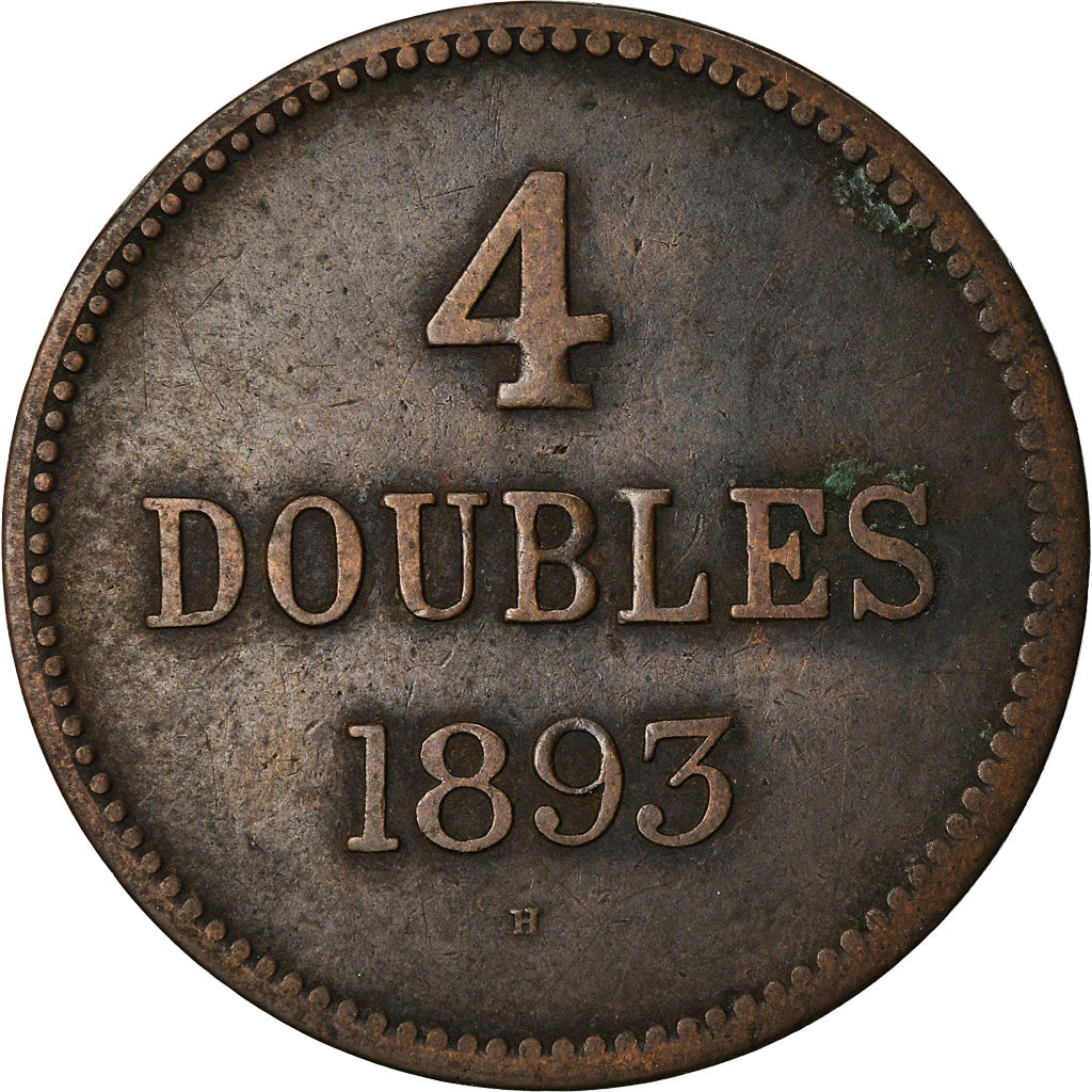 Moneta, Guernsey, 4 Doubles, 1893, Heaton, Birmingham, BB, Bronzo, KM:5