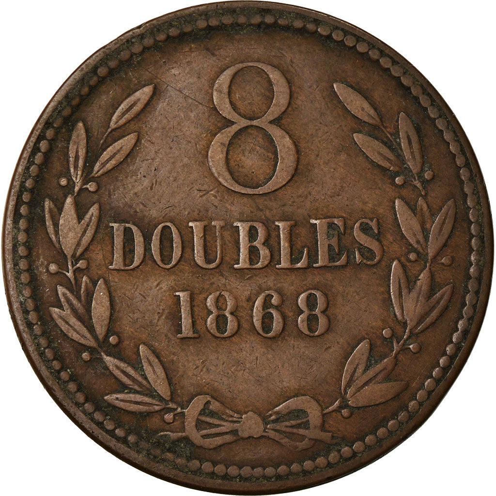 Moneta, Guernsey, 8 Doubles, 1868, Heaton, Birmingham, MB+, Bronzo, KM:7