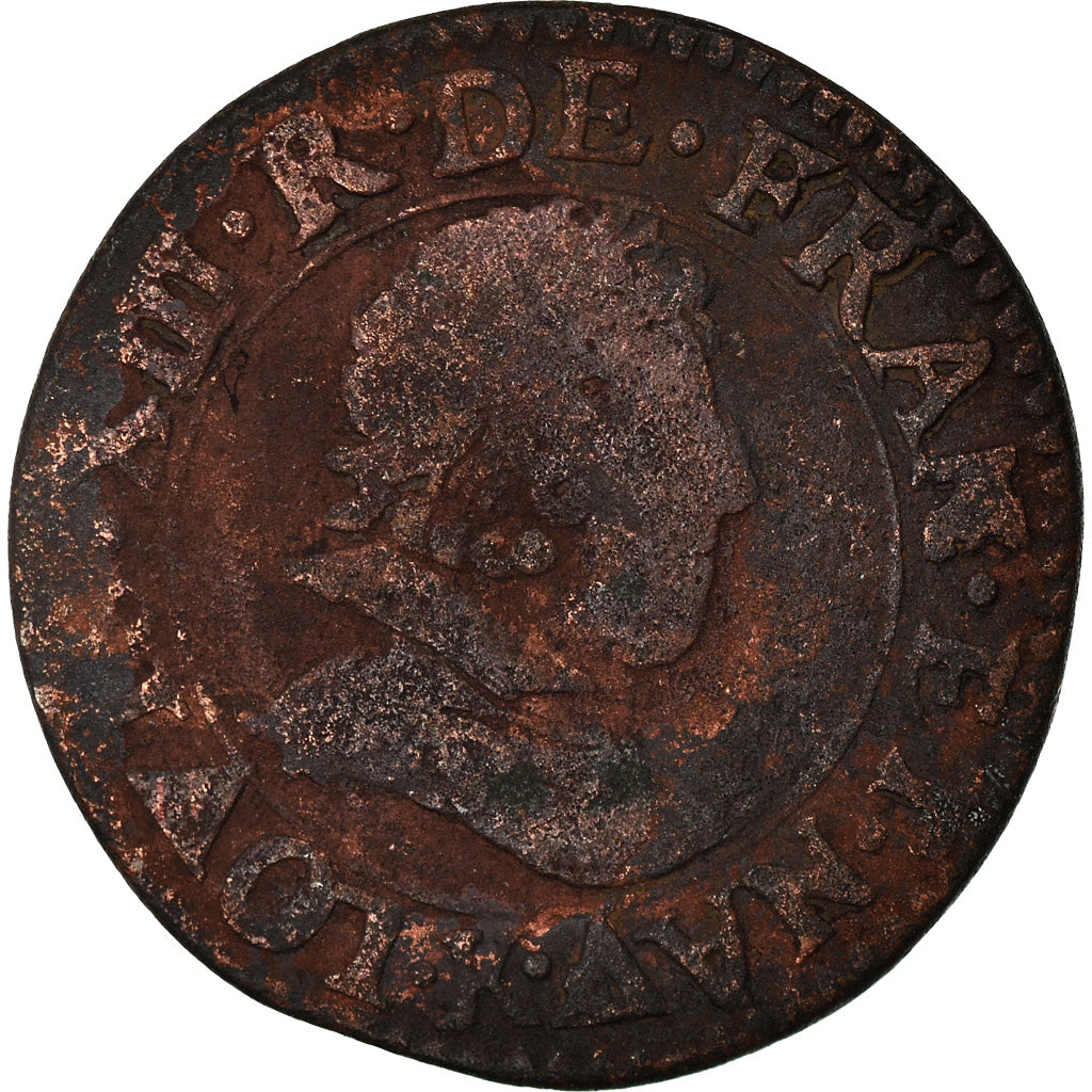 Moeda, França, Louis XIII, Double Tournois, 1628, Paris, F(12-15), Cobre