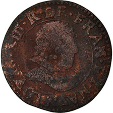 Moeda, França, Louis XIII, Double Tournois, 1628, Paris, F(12-15), Cobre
