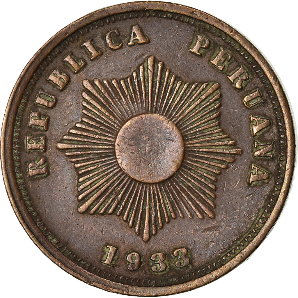 Moneda, Perú, 2 Centavos, 1933, Lima, MBC, Cobre o bronce, KM:212.1