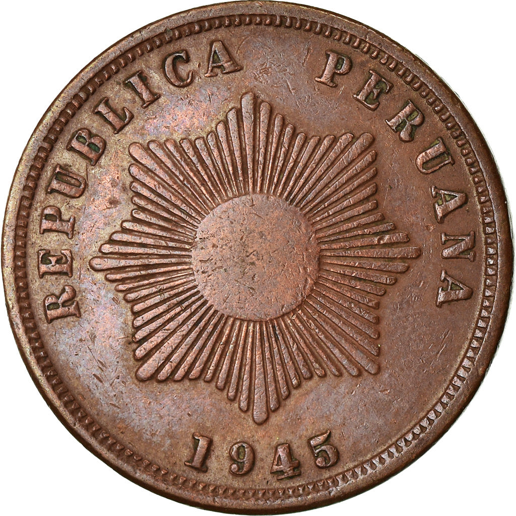 Moneda, Perú, 2 Centavos, 1945, Lima, MBC, Cobre o bronce, KM:212.2