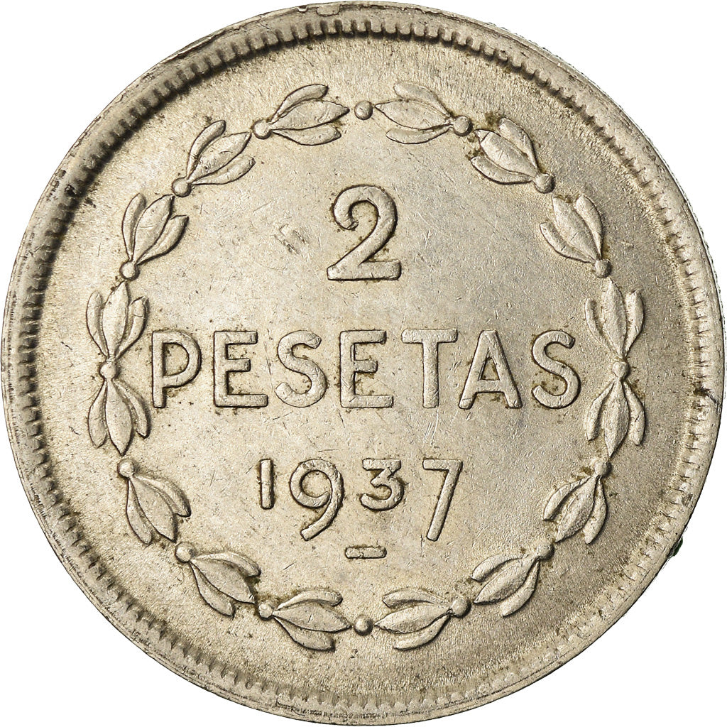 Munten, SPAANSE BURGEROORLOG, EUZKADI, 2 Pesetas, 1937, Brussels, ZF+, Nickel