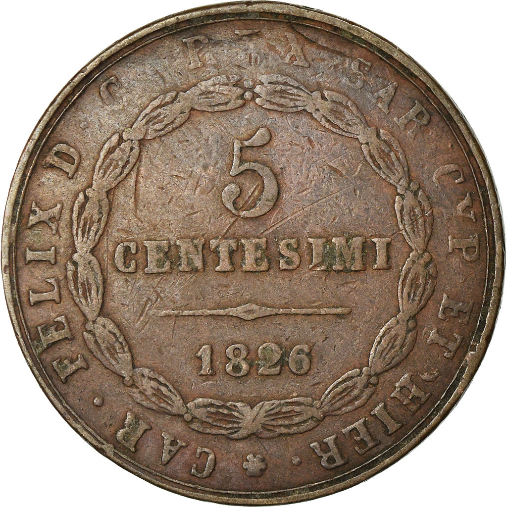 Moneta, DEPARTAMENTY WŁOSKIE, SARDINIA, Carlo Felice, 5 Centesimi, 1826
