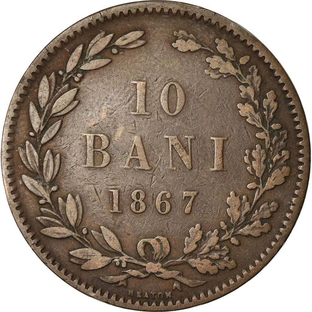 Moneta, Romania, Carol I, 10 Bani, 1867, MB+, Rame, KM:4.2