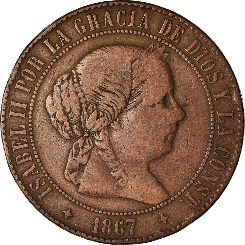 Münze, Spanien, Isabel II, 5 Centimos, 1867, Madrid, S+, Kupfer, KM:635.1