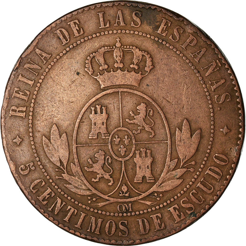 Münze, Spanien, Isabel II, 5 Centimos, 1867, Madrid, S+, Kupfer, KM:635.1