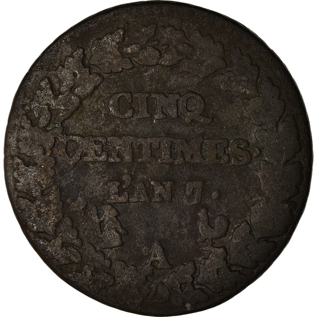 Moneta, Francia, Dupré, 5 Centimes, AN 7, Paris, MB, Bronzo, KM:640.1