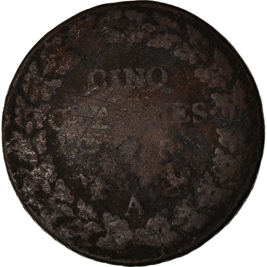 Moneta, Francja, Dupré, 5 Centimes, AN 8, Paris, F(12-15), Bronze, KM:640.1