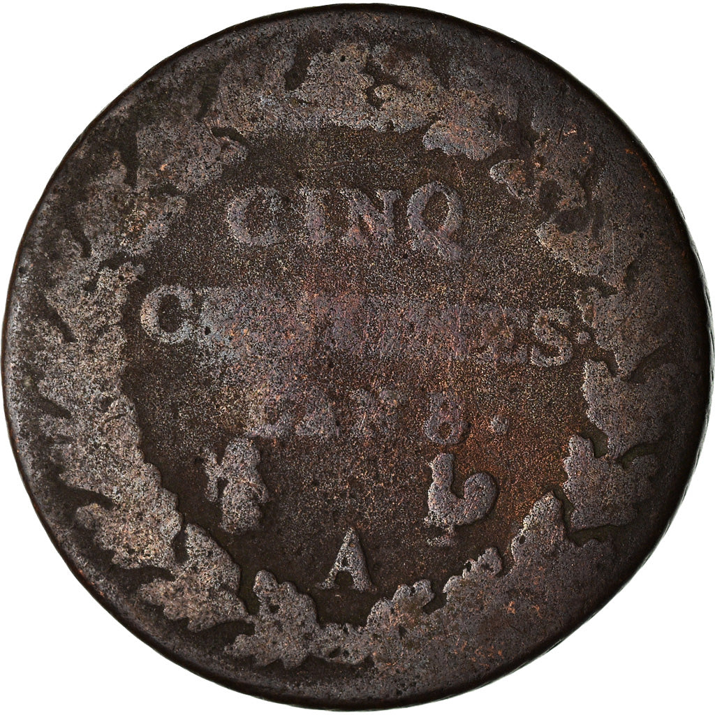Moneta, Francja, Dupré, 5 Centimes, AN 8, Paris, VF(20-25), Bronze, KM:640.1