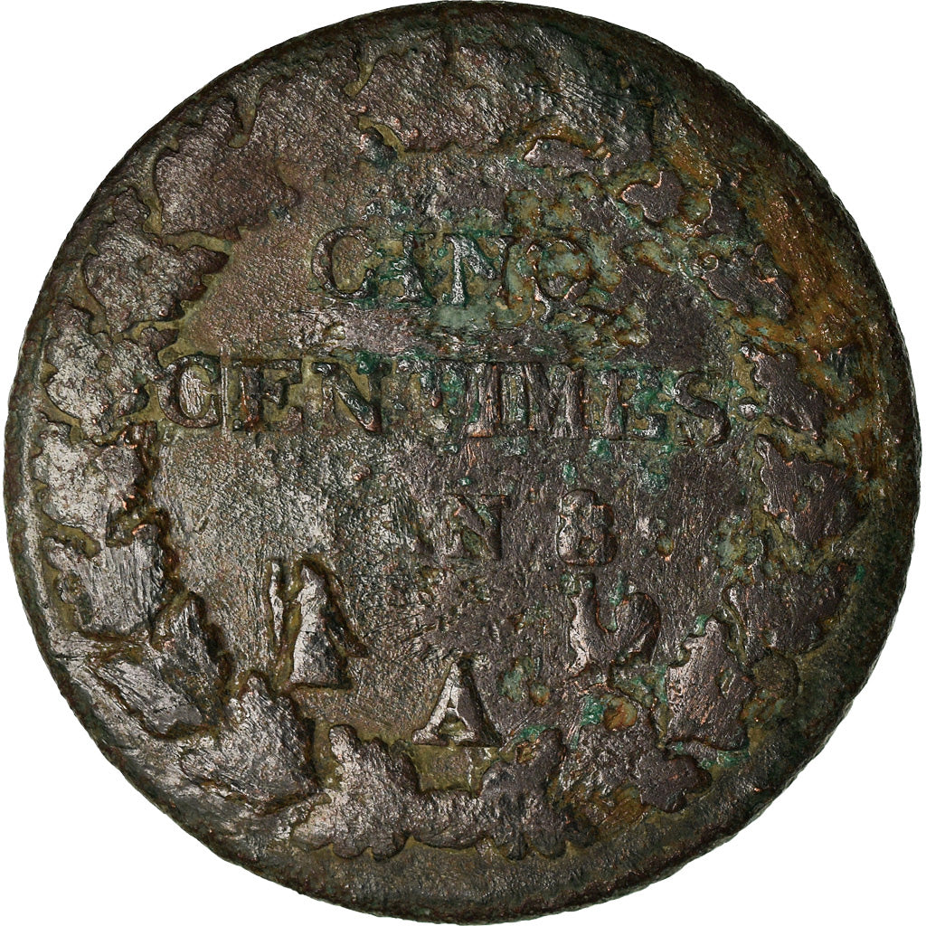Moneta, Francja, Dupré, 5 Centimes, AN 8, Paris, VF(20-25), Bronze, KM:640.1
