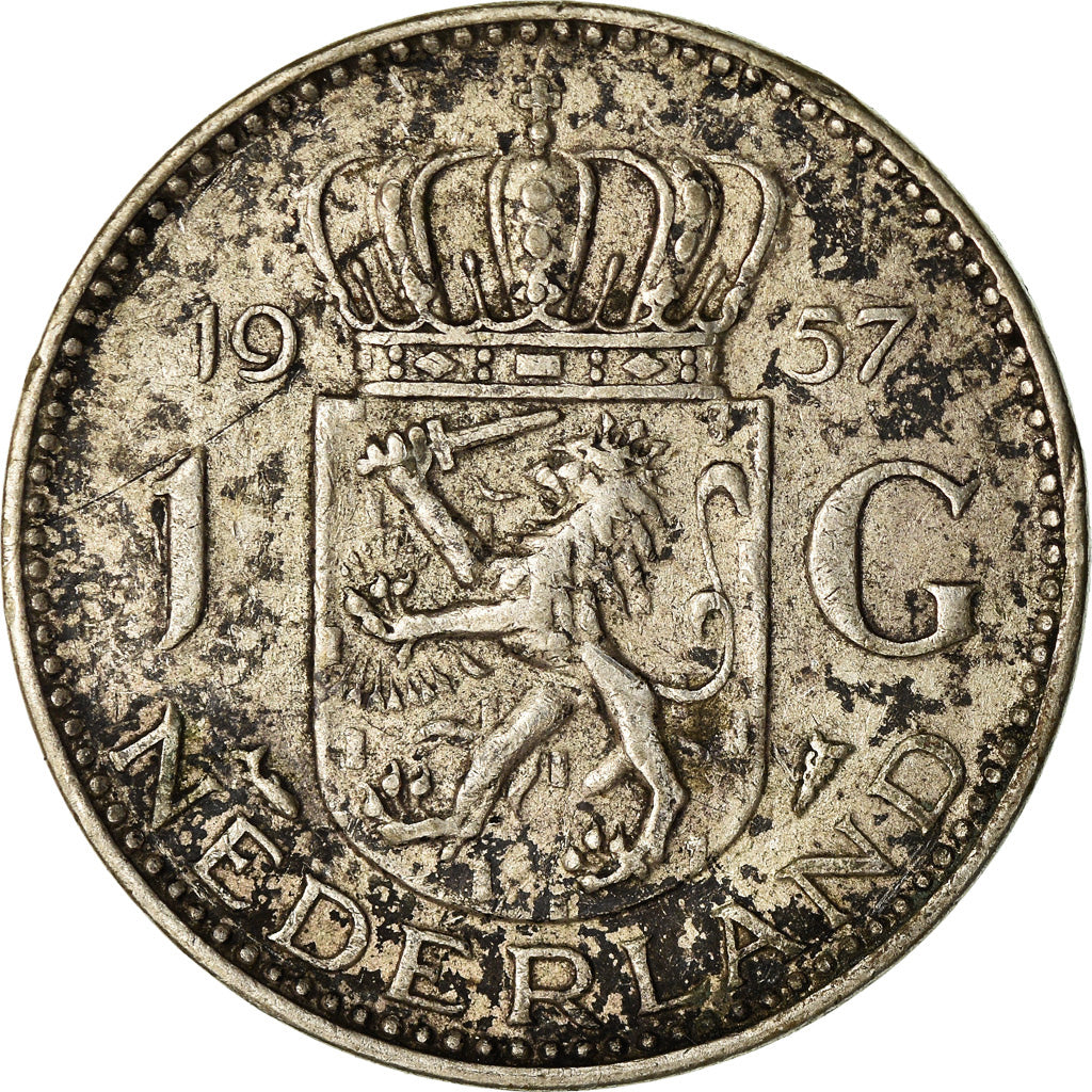 Coin, Netherlands, Juliana, Gulden, 1957, AU(50-53), Silver, KM:184