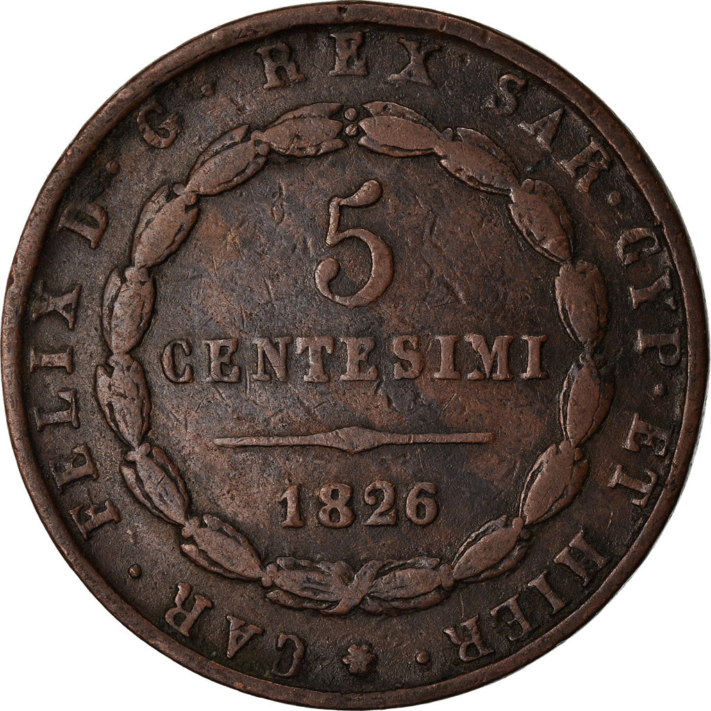 Moneda, Estados italianos, SARDINIA, Carlo Felice, 5 Centesimi, 1826, Torino