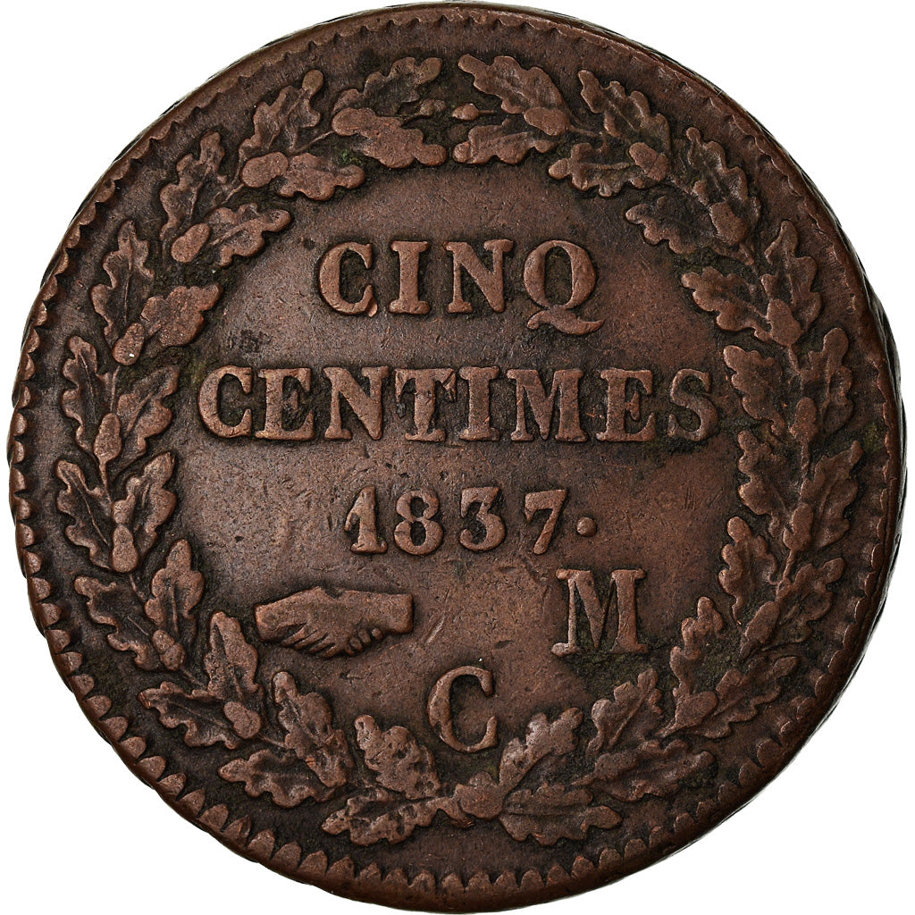 Moneta, Monaco, Honore V, 5 Centimes, Cinq, 1837, Monaco, MB+, Rame, KM:95.2a