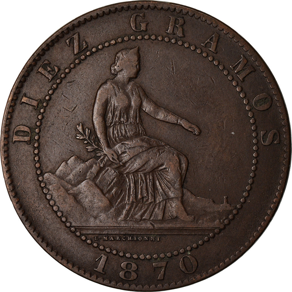 Moneta, Spagna, Provisional Government, 10 Centimos, 1870, BB, Rame, KM:663