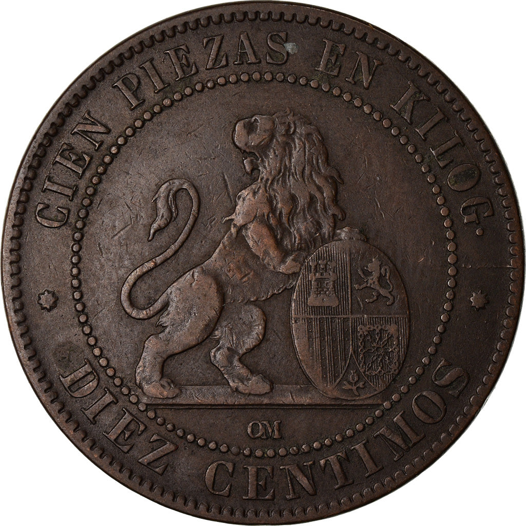 Moneta, Spagna, Provisional Government, 10 Centimos, 1870, BB, Rame, KM:663
