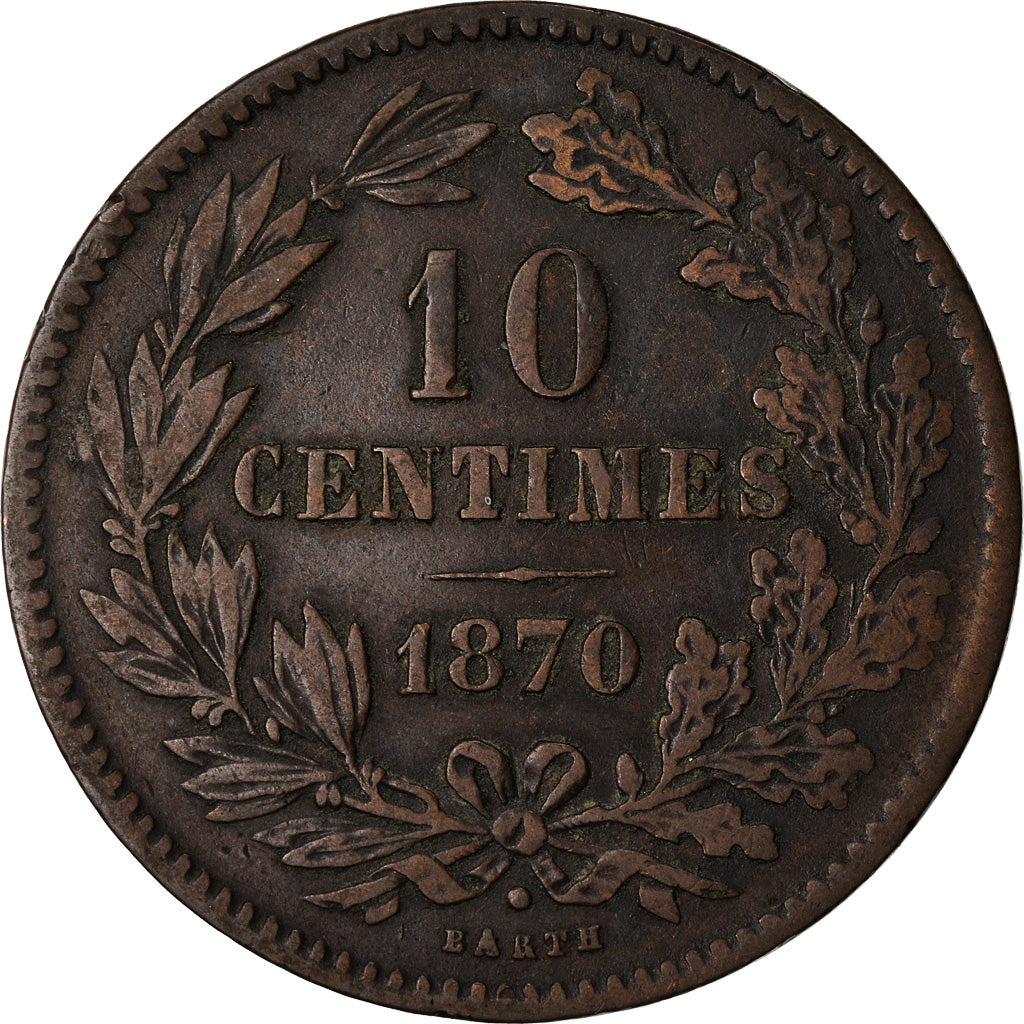 Moneda, Luxemburgo, William III, 10 Centimes, 1870, Utrecht, MBC, Bronce