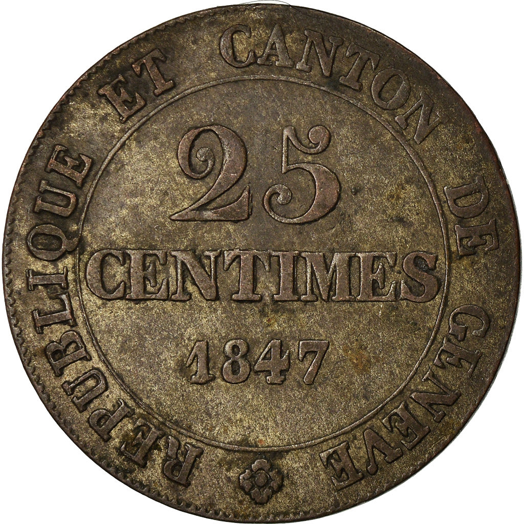 Moneta, CANTONI SVIZZERI, GENEVA, 25 Centimes, 1847, Genève, BB+, Biglione