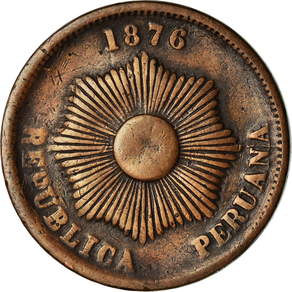 Moneda, Perú, SOUTH PERU, 2 Centavos, 1876, Lima, MBC, Cobre o bronce
