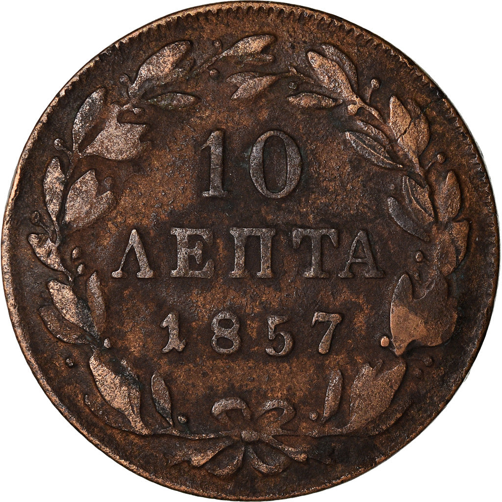 Moneda, Grecia, Othon, 10 Lepta, 1857, Athens, BC+, Cobre, KM:29