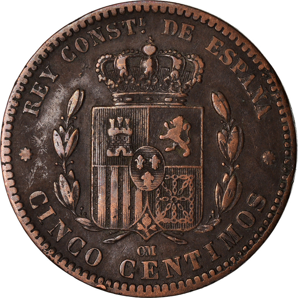 Moeda, Espanha, Alfonso XII, 5 Centimos, 1878, Madrid, VF(30-35), Bronze, KM:674