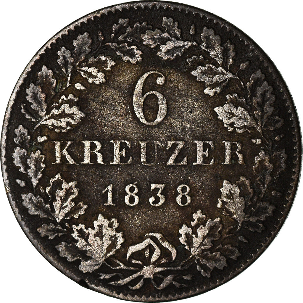 Monnaie, Etats allemands, NASSAU, Wilhelm, 6 Kreuzer, 1838, Wiesbaden, TB+