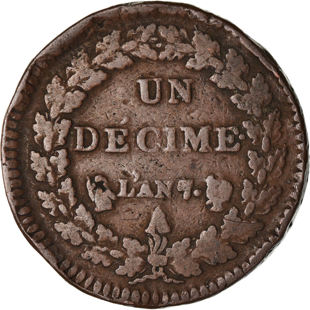 Coin, France, Dupré, Decime, AN 7, Paris, VF(20-25), Bronze, KM:644.1, Le