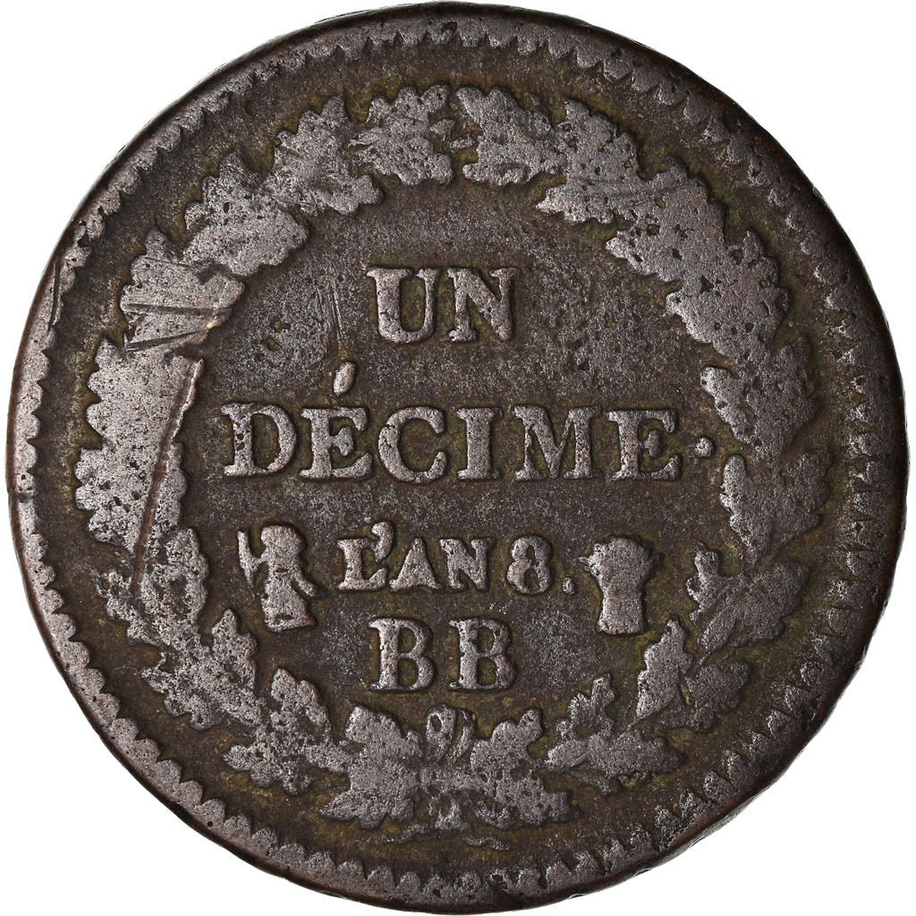 Moneta, Francja, Dupré, Decime, AN 8, Strasbourg, VF(20-25), Bronze, KM:644.4