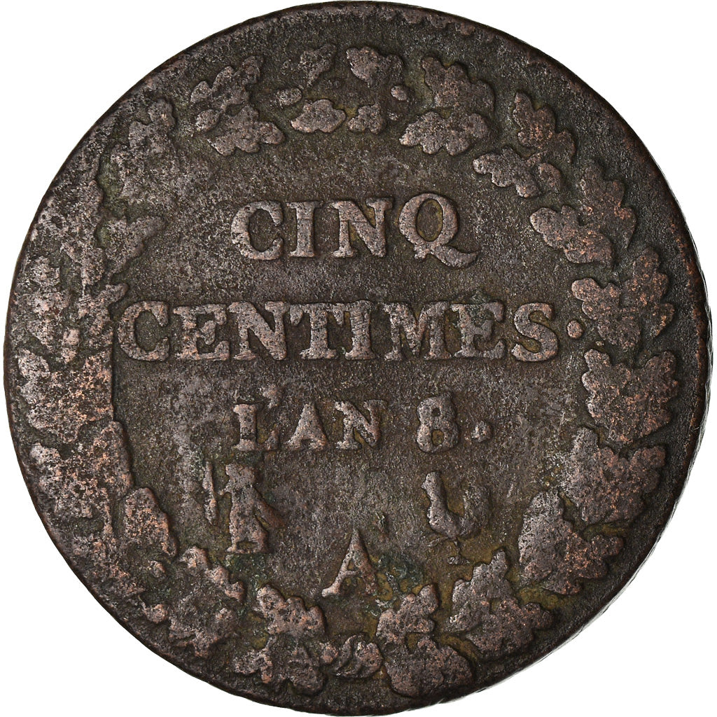 Moneda, Francia, Dupré, 5 Centimes, AN 8/5, Paris, BC+, Bronce, KM:640.1