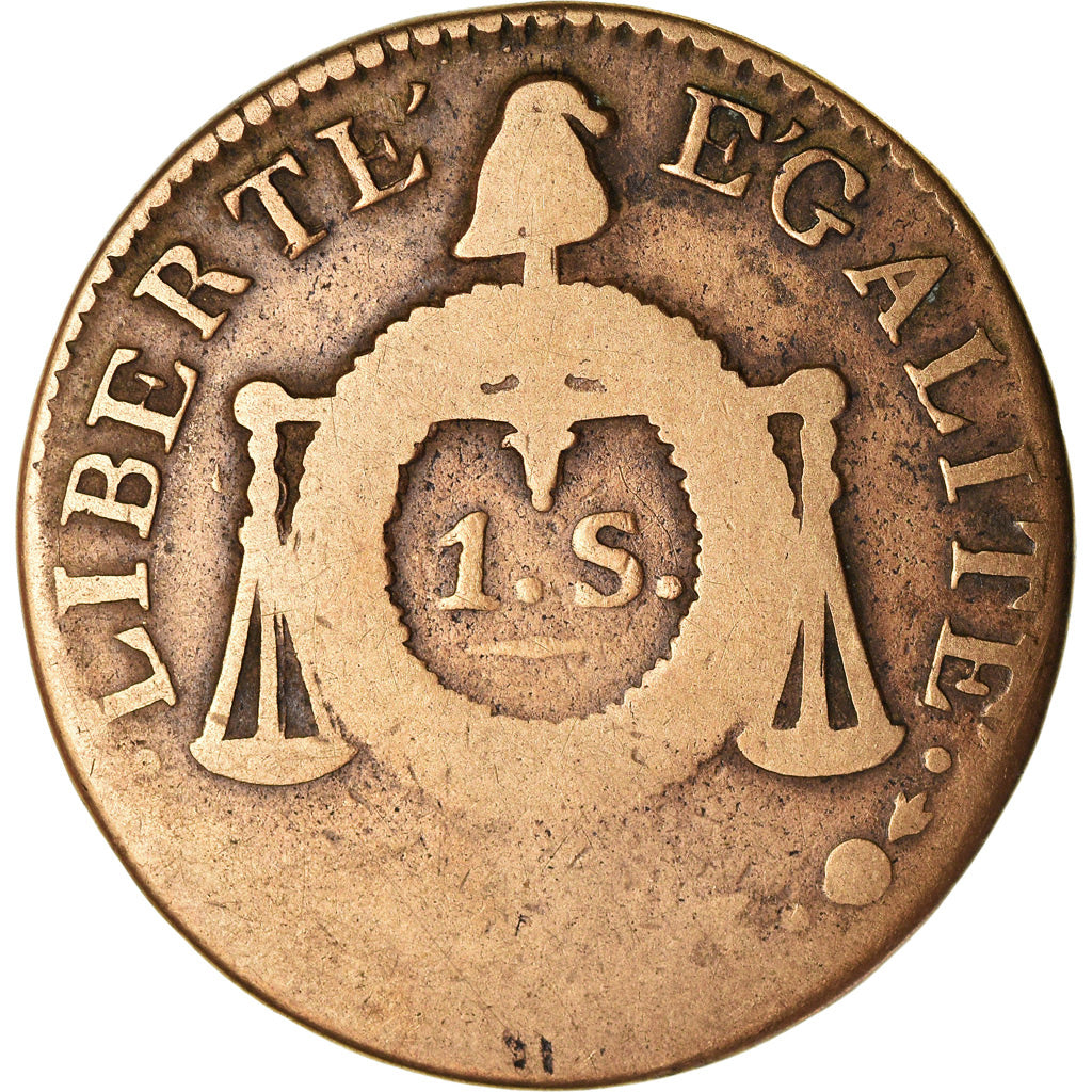 Moneta, Francja, Sol aux balances françoise, Sol, 1793, Metz, F(12-15), Bronze
