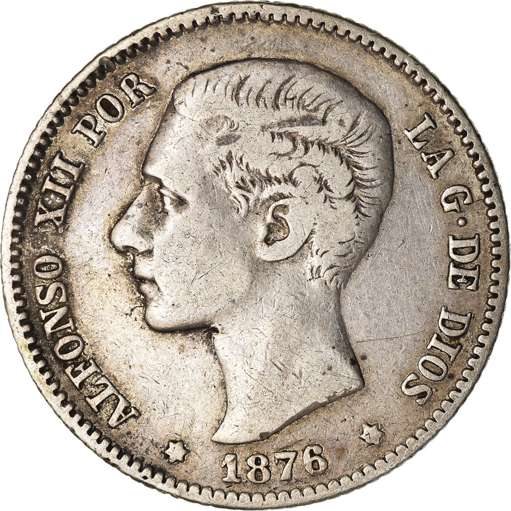 Moneta, Hiszpania, Alfonso XII, Peseta, 1876, Madrid, VF(30-35), Srebro, KM:672