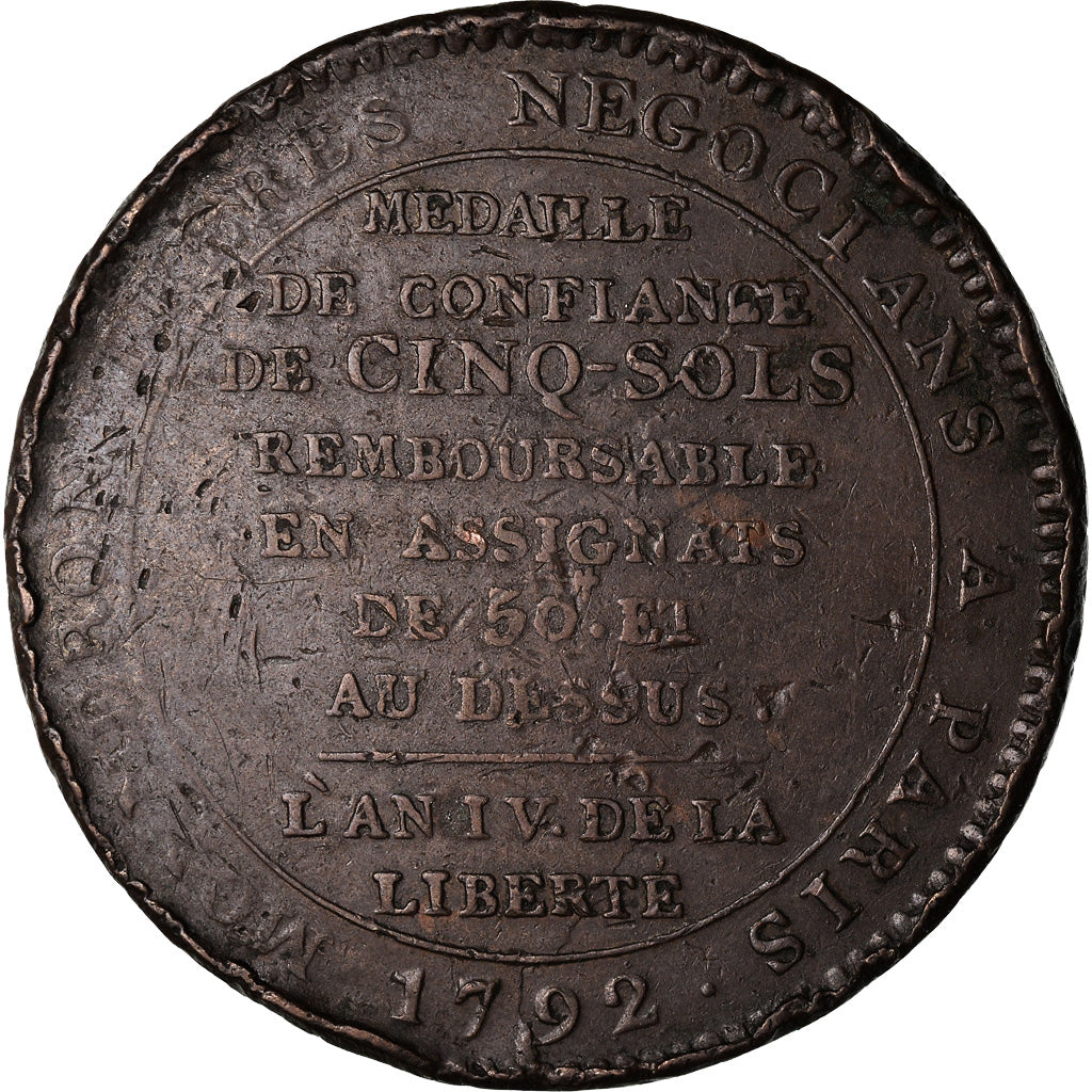 Moeda, França, Monneron, 5 Sols, 1792, Paris, VF(20-25), Bronze