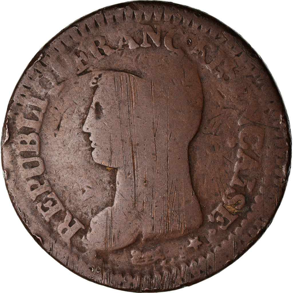 Moeda, França, Decime, AN 5, Paris, Refrappage du 2 décimes, VF(20-25), Cobre