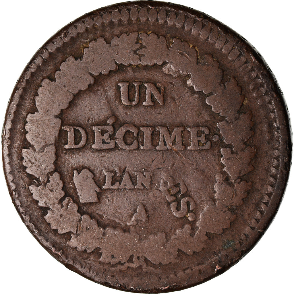 Moeda, França, Decime, AN 5, Paris, Refrappage du 2 décimes, VF(20-25), Cobre