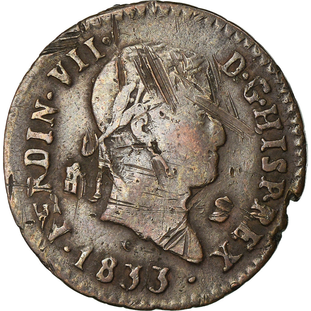 Moneda, España, Ferdinand VII, 2 Maravedis, 1833, Segovia, BC+, Cobre, KM:487.1